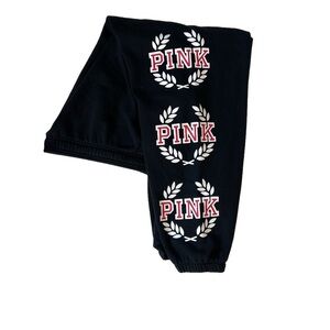 PINK Victoria's Secret Black Joggers with Red & White Logo Wreaths